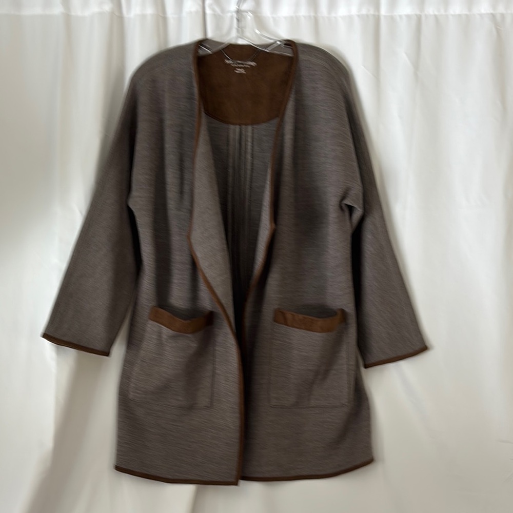 Soft Surroundings szMP Gray/Brown Open Front Cardigan w/ Faux Suede Brown Trim